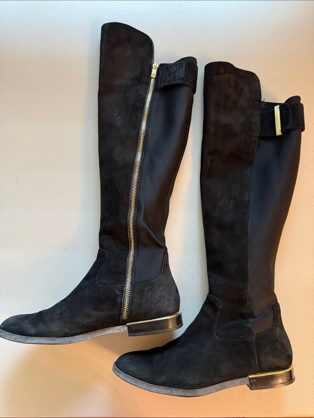 Calvin Klein Black Faux Suede Over-the-Knee Boots with Gold Zip Size 8